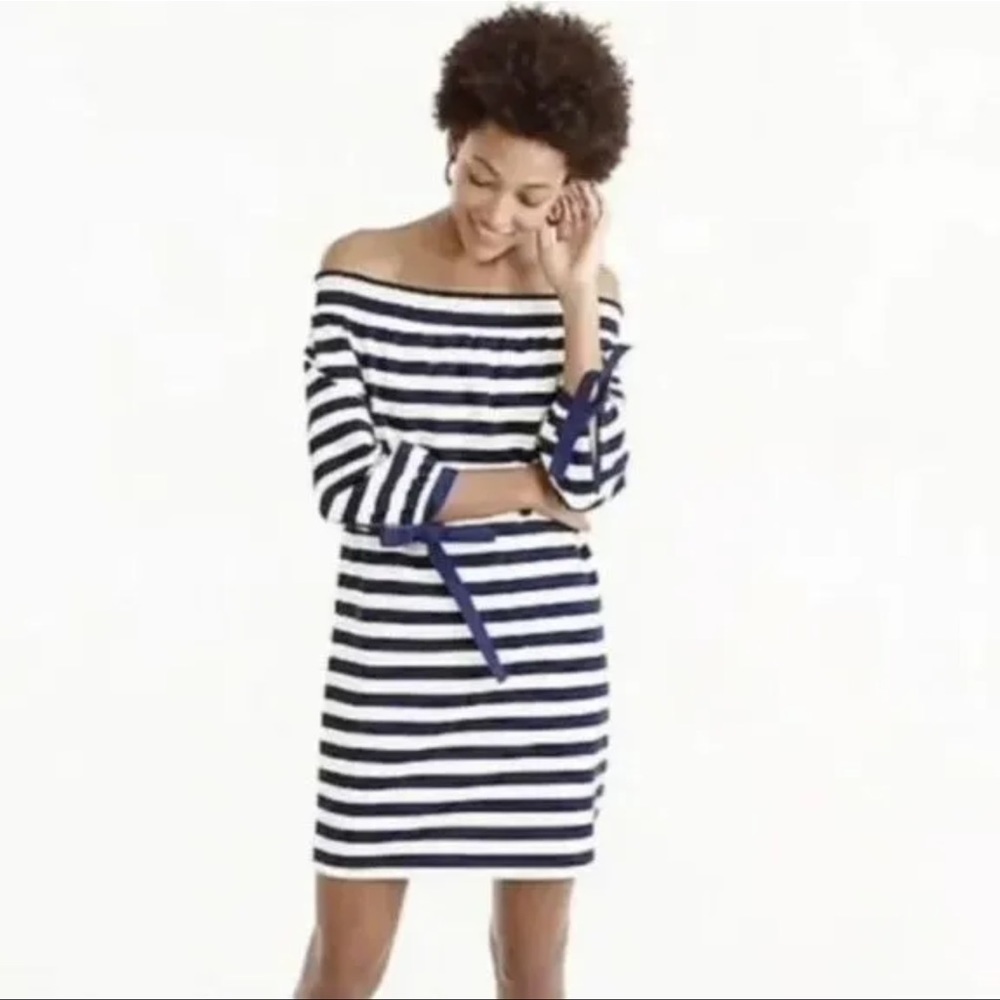 J. Crew Navy Blue Striped Off the Shoulder Bow Sleeve 100% Cotton Mini Dress XS